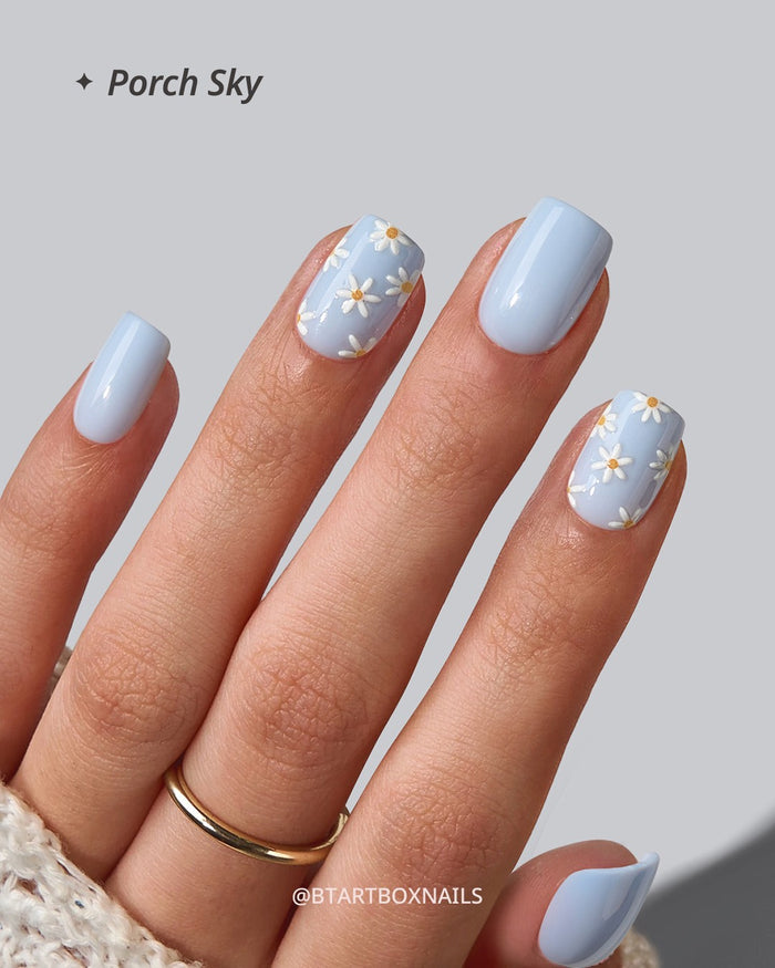 3D Flower Design Blue Squoval Press-On Nails