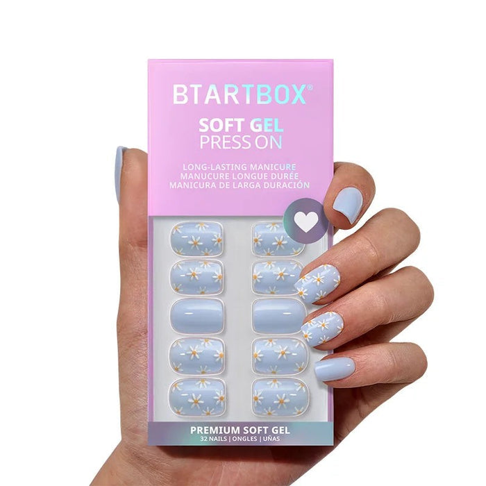 3D Flower Design Blue Squoval Press-On Nails