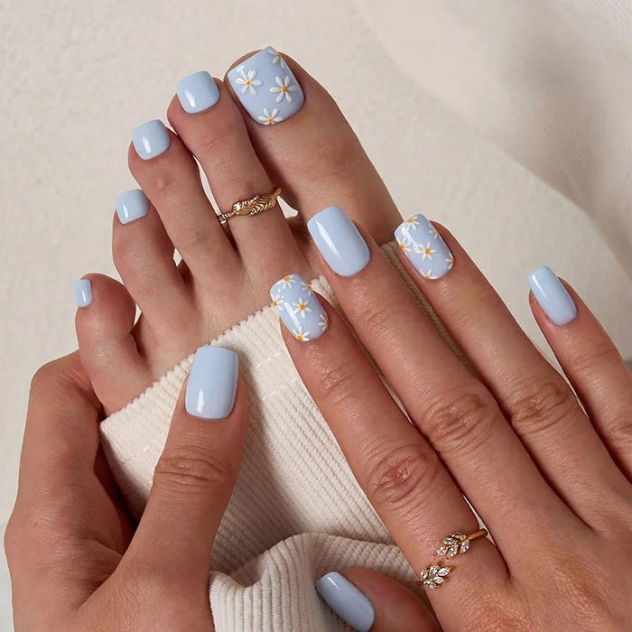 3D Flower Design Blue Squoval Press-On Nails