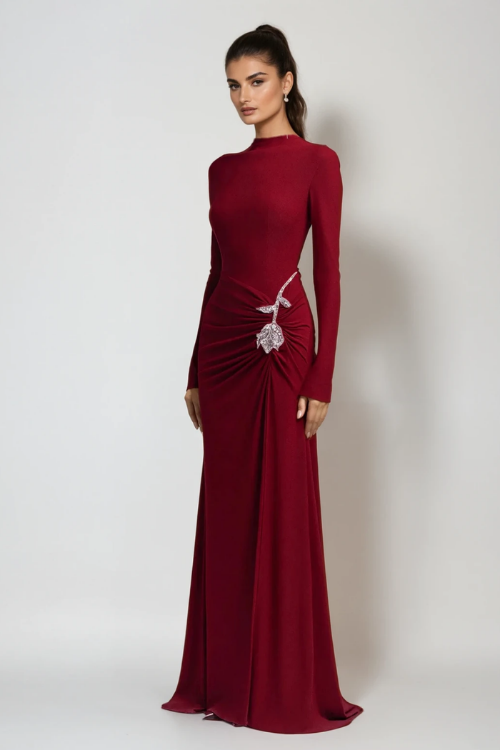 Adobe Long Sleeve Rhinestone Flower Maxi Dress In Red