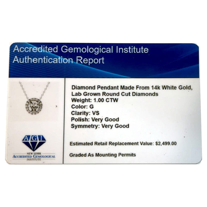 VossAgin - AGI Certified Lab-Grown Diamond Halo Pendant Necklace in 14kt White Gold – 1 CTW or 2 CTW - 1 CTW