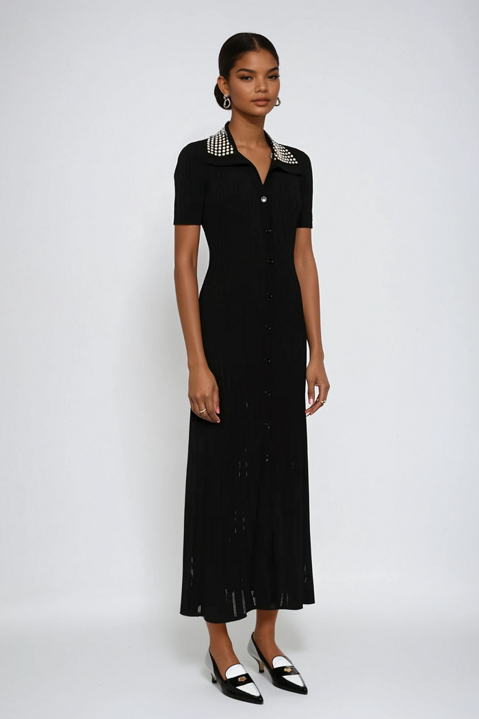 Anastacia Embellished Lapel Knit Maxi Dress