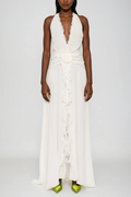 Aradhya Flower Ruffle Halter Neck Mesh Maxi Dress In White