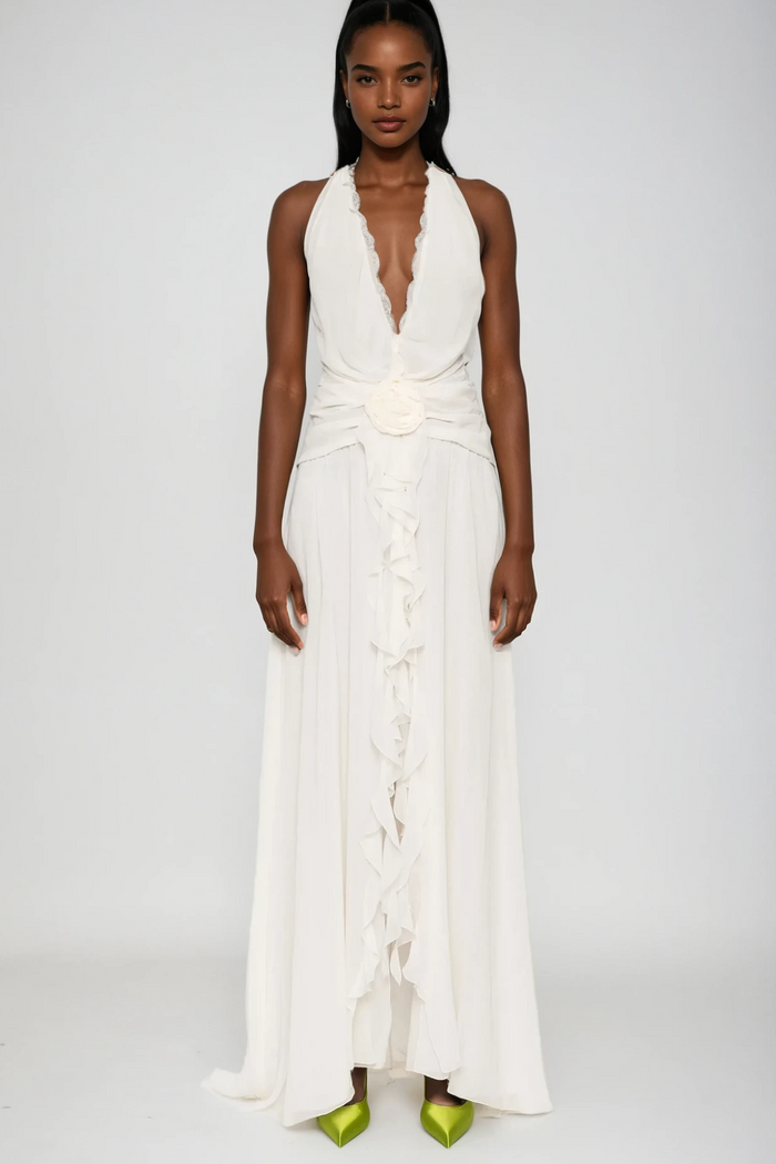 Aradhya Flower Ruffle Halter Neck Mesh Maxi Dress In White