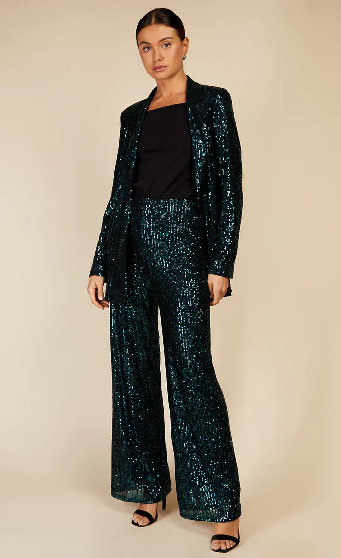 BAILEY HIGH WAISTED SEQUIN TROUSERS (GREEN)u