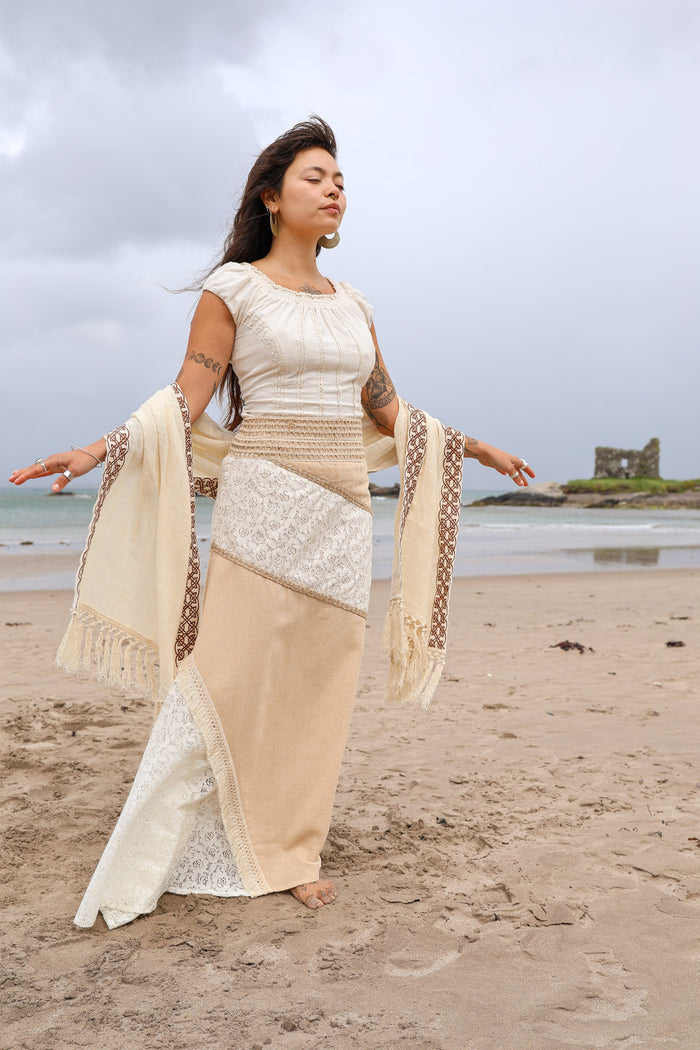 Natural fibre patchwork maxi skirt in undyed cotton lace and jute blend with wide jute waistband and raw elegant texture