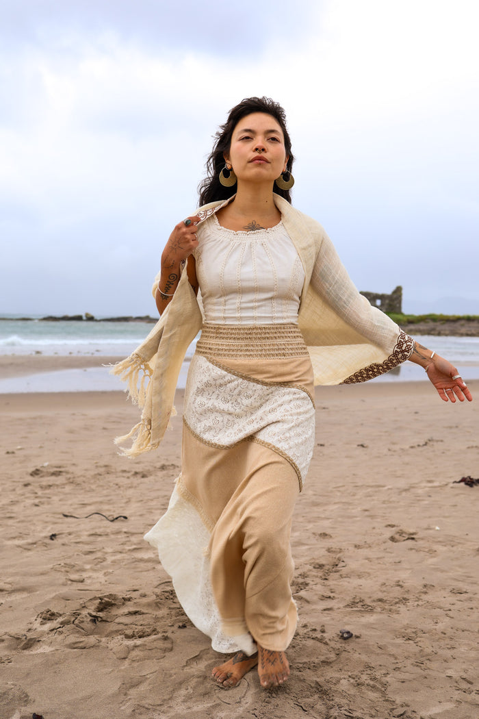 Natural boho skirt with earthy textures, patchwork style maxi skirt design in undyed cotton lace and jute styled in a coastal setting designed by Celtic Fusion