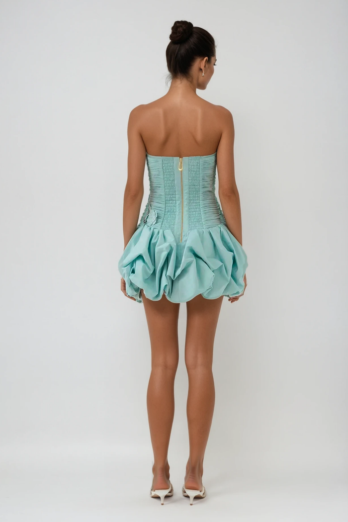 Batsheva Strapless Flower Ruch Puffy Mini Dress