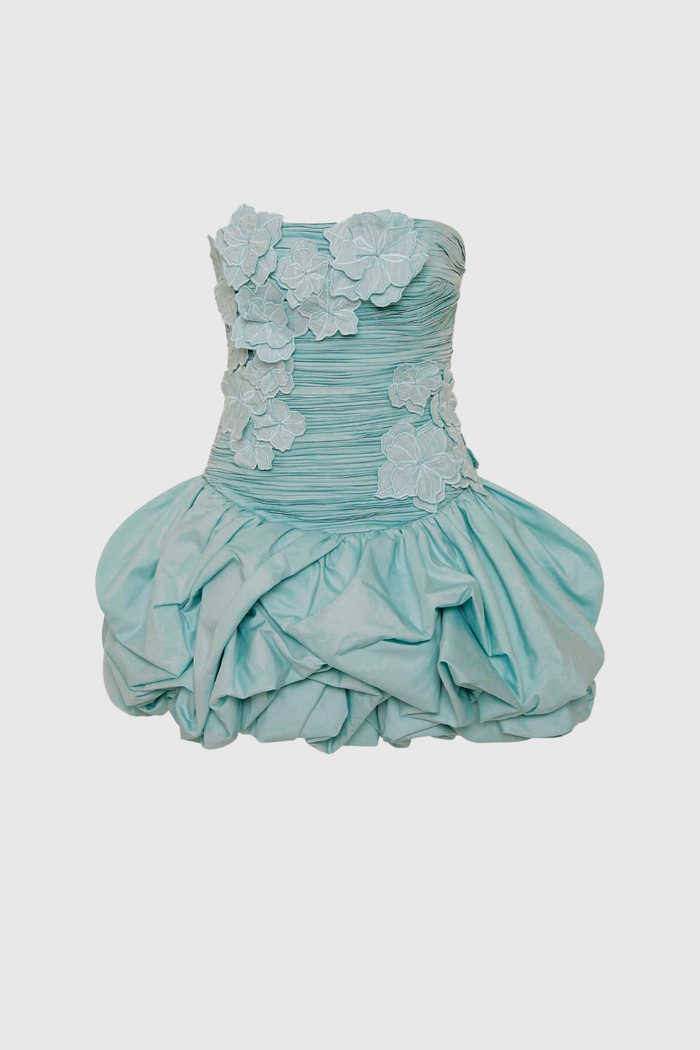 Batsheva Strapless Flower Ruch Puffy Mini Dress