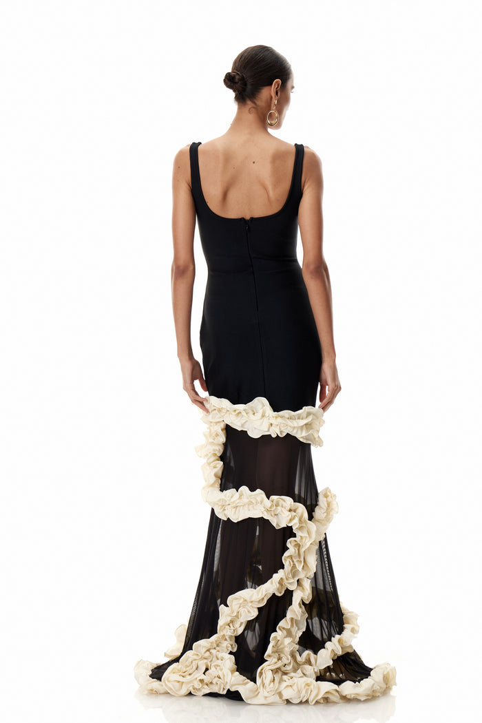 Beckah Mesh Ruffle Asymmetric Maxi Dress