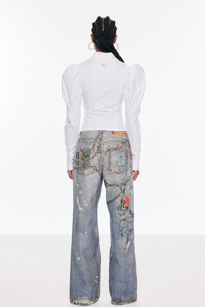 Belvedere Lace Up Puff Sleeve Top In White