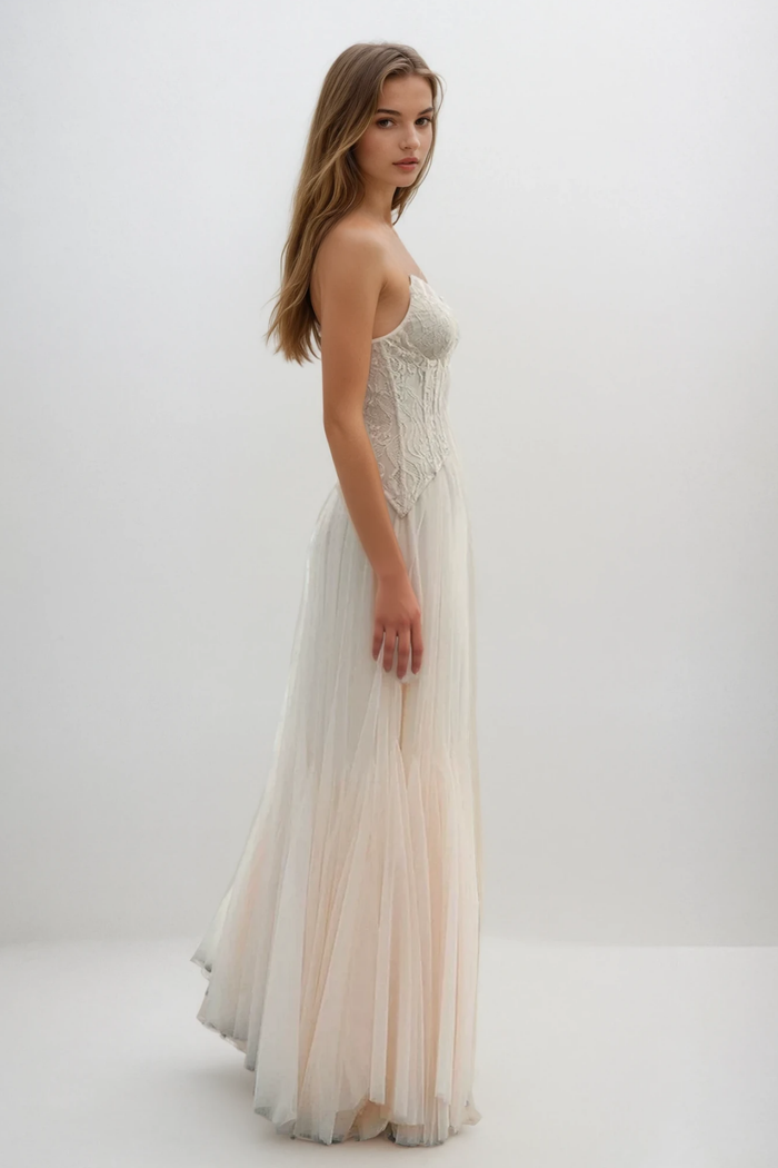 Beppe Lace Corset Tulle Dress In Cream