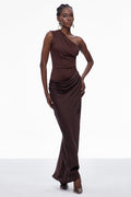 Beres One Shoulder Satin Maxi Dress In Brown