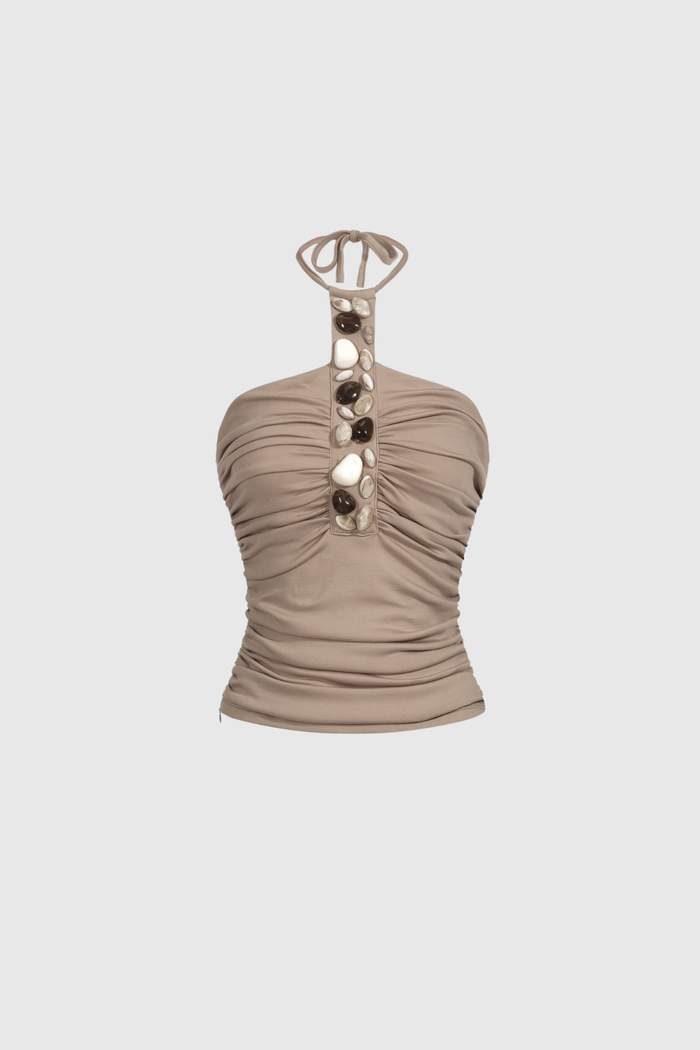 Berke Ruched Halterneck Stone Cropped Top