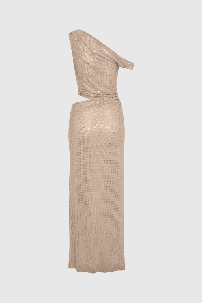 Berlioz Diamante One Shoulder Dress In Apricot