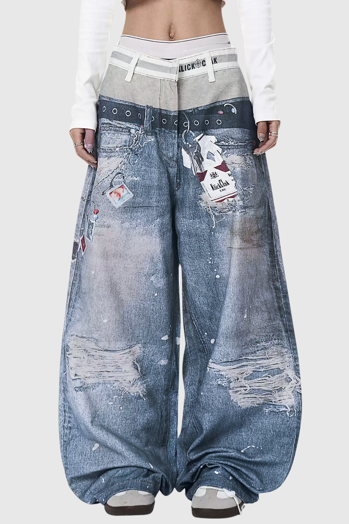 Birdie Deconstruct Print Barrel Jeans