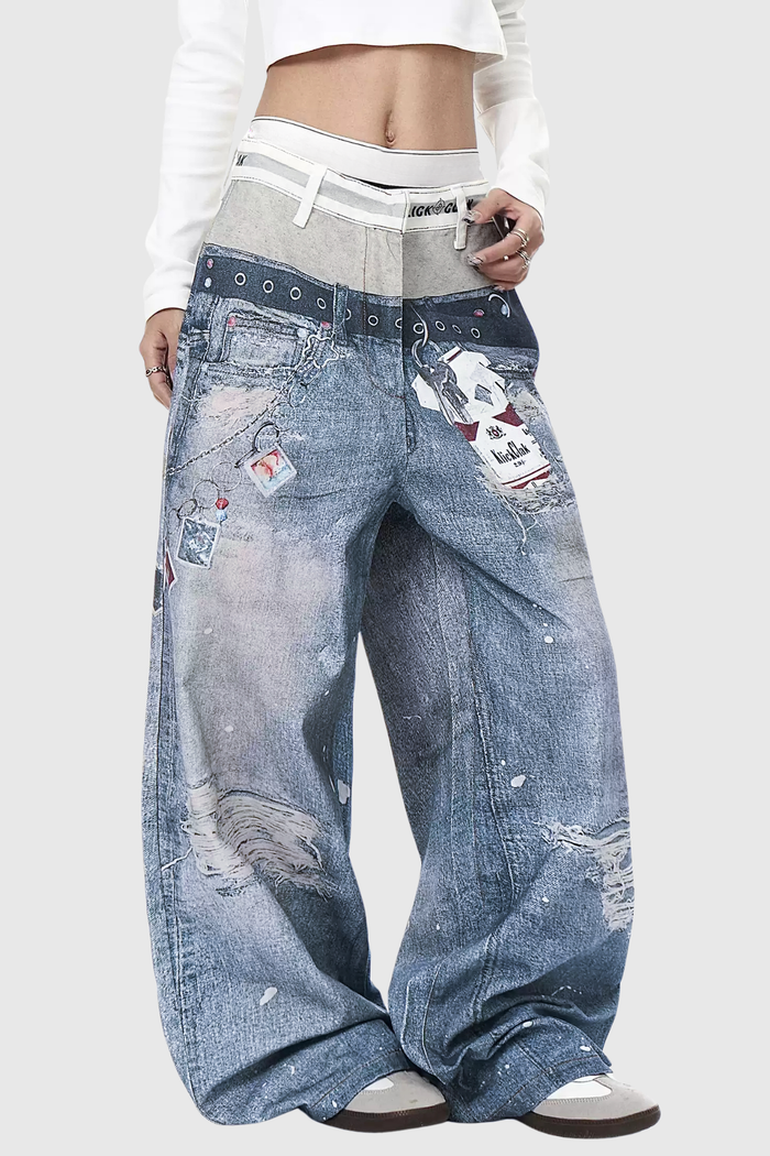 Birdie Deconstruct Print Barrel Jeans