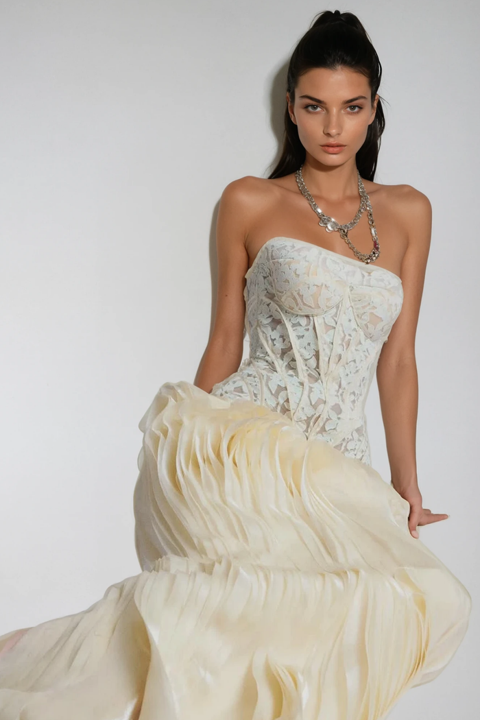 Blerta Strapless Corset Mesh Maxi Dress