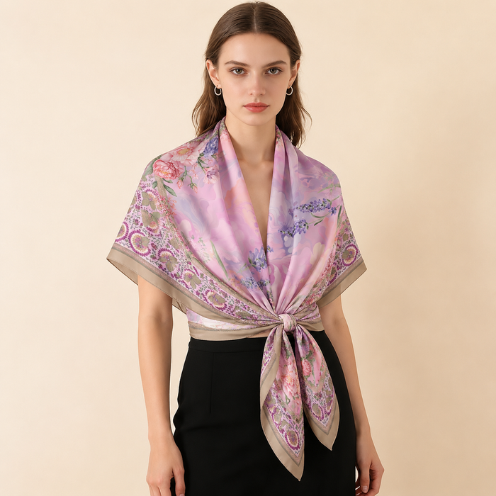 Elegant silk scarf styled on model