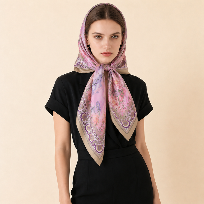 Luxury silk scarf tied as headscarf