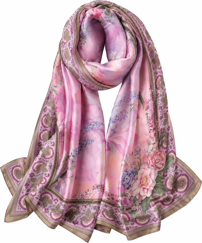 Pink and lavender floral silk scarf with gold accents