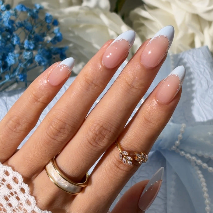 Blue French Tip Rhinestone Press-On Nails