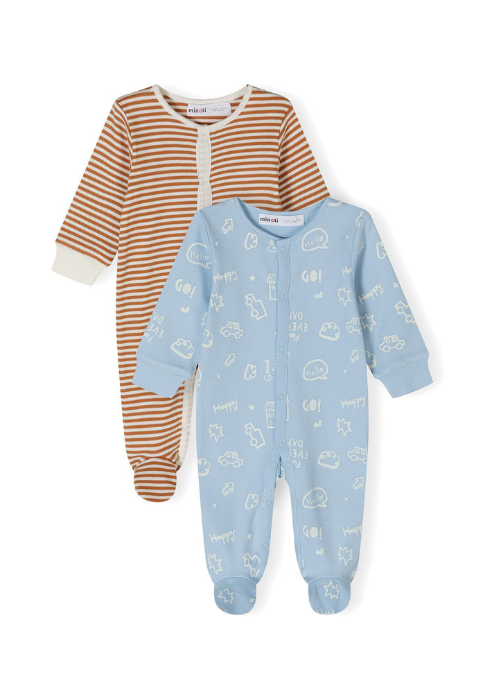 Two boys sleepsuits in beige and blue, long sleeve with footed style, featuring buttons and printed patterns.