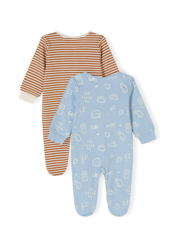 Boys long sleeve sleepsuits 2 pack, one striped brown and one blue with printed patterns, back view.
