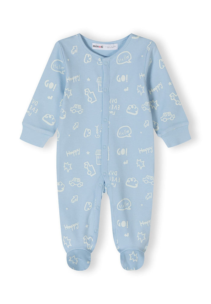 Boys sleepsuit in light blue with printed pattern, front view, features press studs and footed style.