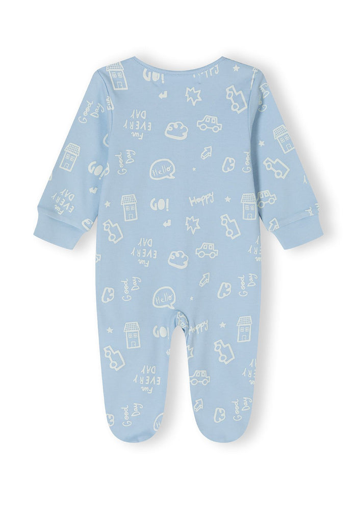 Boys sleepsuit in light blue with printed patterns, back view, footed style.