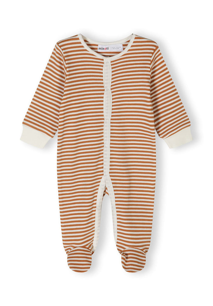 Beige striped boys sleepsuit with footed style, front view, featuring press studs and ribbed cuffs.