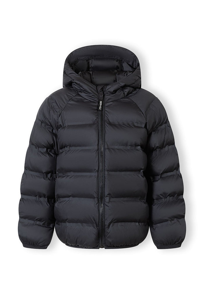 Boys lightweight black hooded jacket, front view, features dual pockets and padded design.
