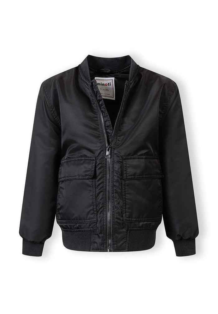 Boys black nylon bomber jacket, front view, featuring utility pockets and full-length zip.