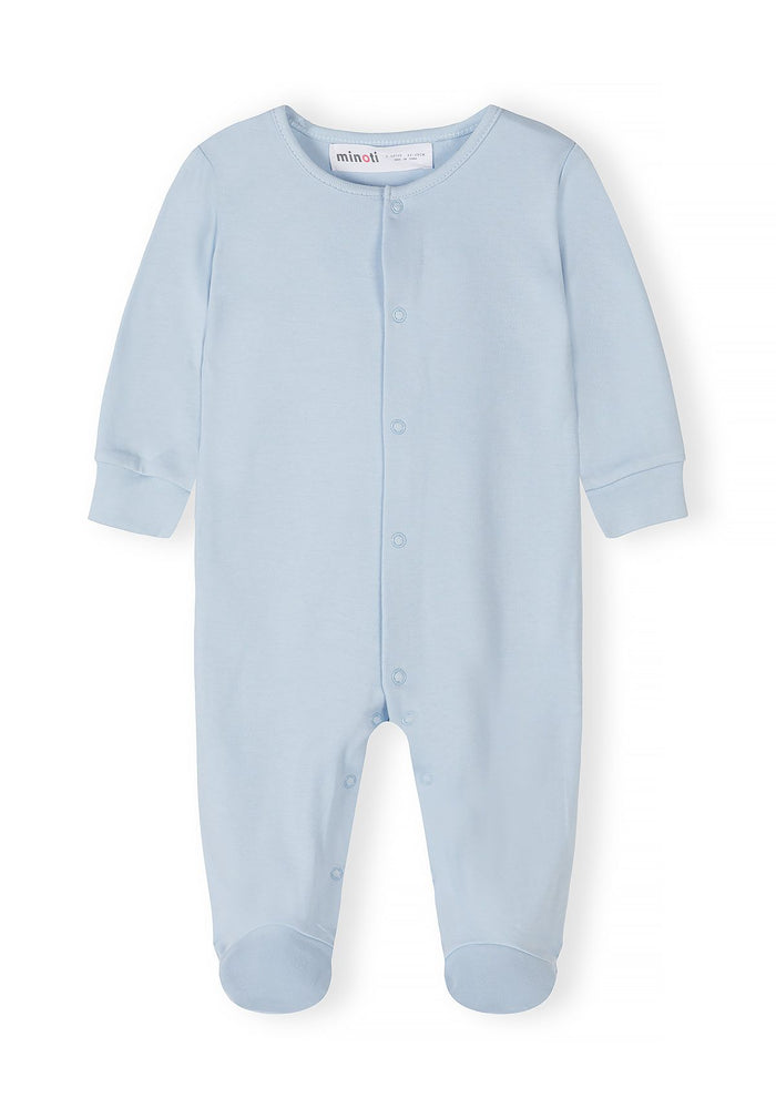 Boys long sleeve sleepsuit in light blue, front view with press stud fastening.