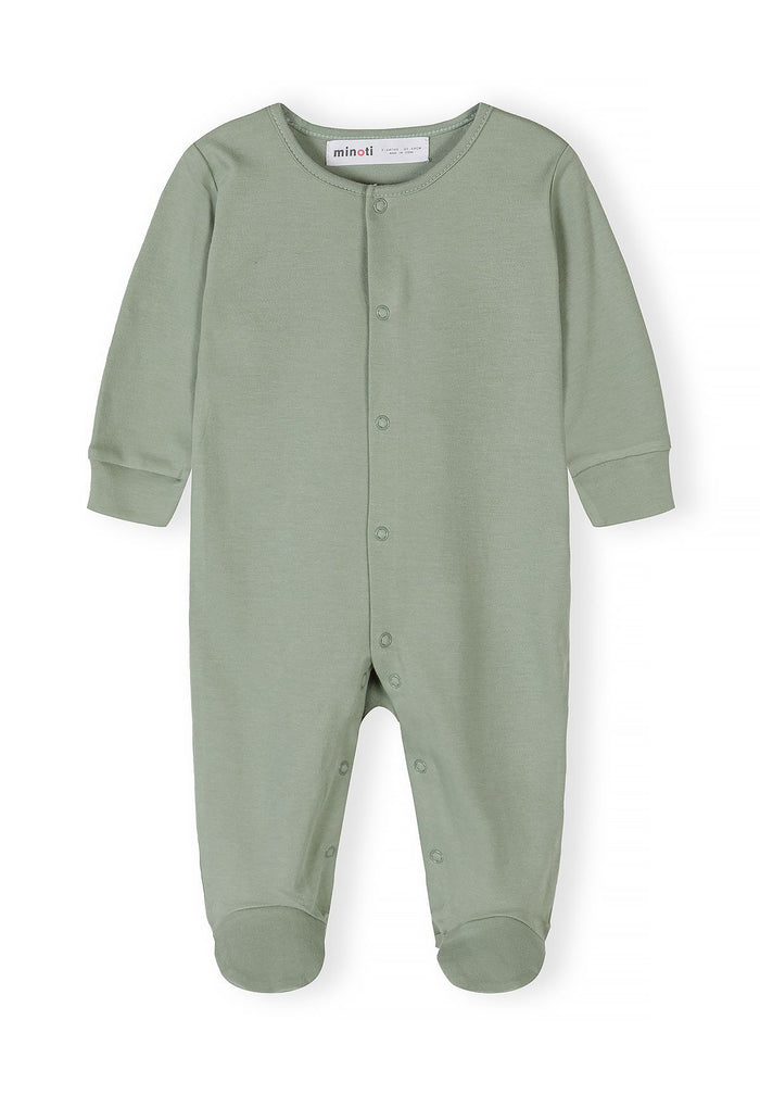 Boys long sleeve sleepsuit in light green with press stud fastening and elasticated cuffs.