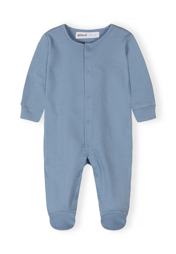 Boys long sleeve sleepsuit in blue, front view with press stud fastening.