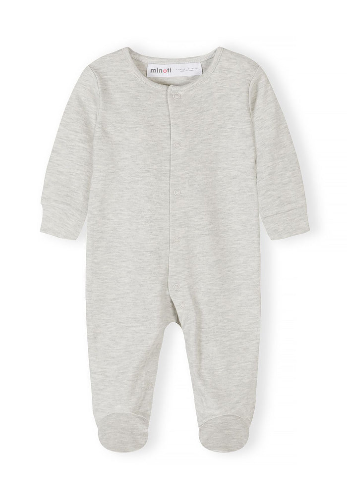 Boys long sleeve sleepsuit in light grey with press stud fastening, front view.