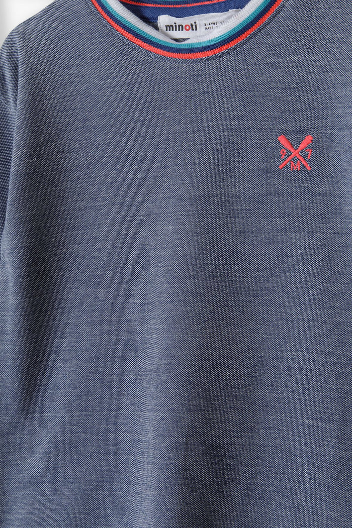 Pique Crew Neck T-Shirt, Blue Two Tone, Striped Trim - 4