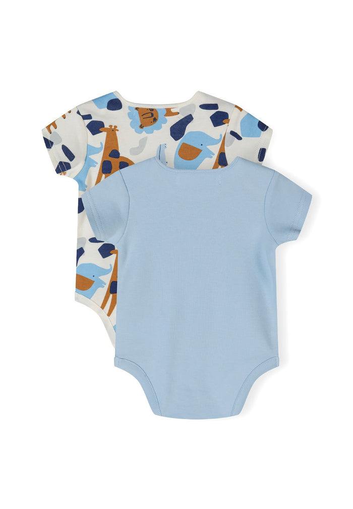 Two short sleeve bodysuits for boys, one light blue and one with a printed pattern, back view.