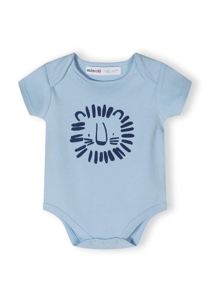Light blue short sleeve bodysuit for boys with lion print, front view.