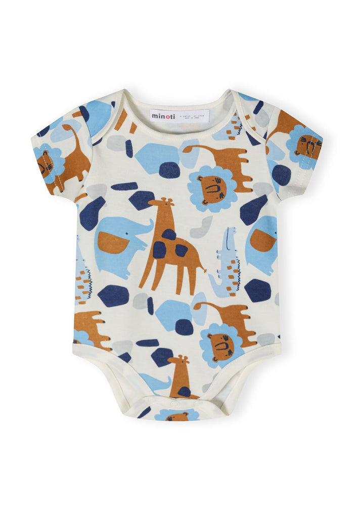 Boys short sleeve bodysuit in light blue with animal print, front view.