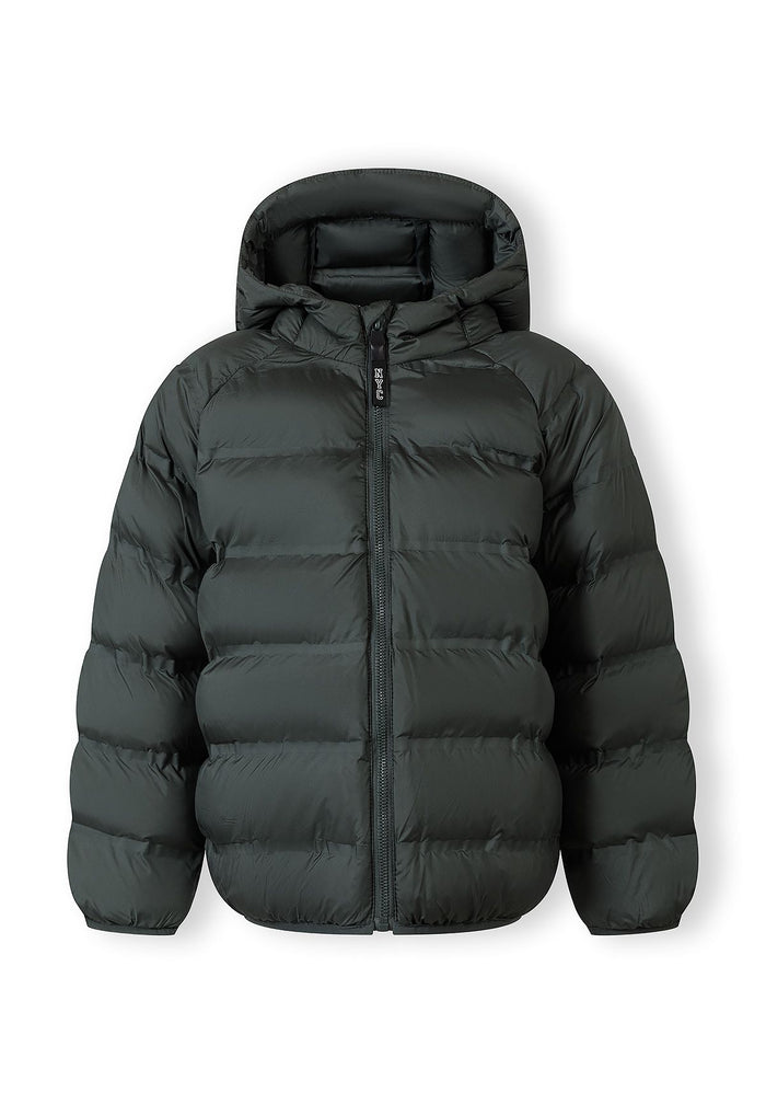 Boys lightweight hooded jacket, front view, emerald color, padded with full front zip.