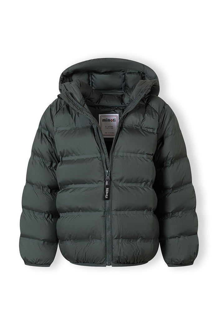 Boys lightweight hooded jacket, emerald, front view with full zip and padded insulation.