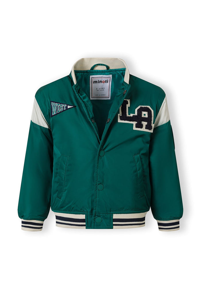 Boys varsity bomber jacket in green with snap fasteners and embroidered details, front view.