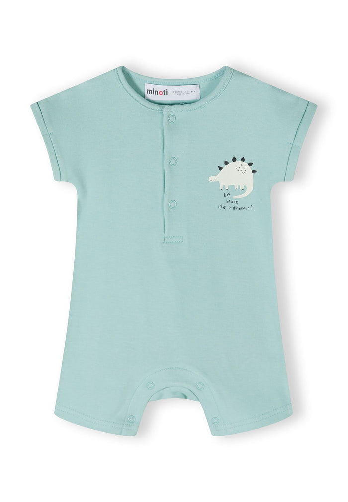 Boys short sleeve romper in light blue with dinosaur print, front view.