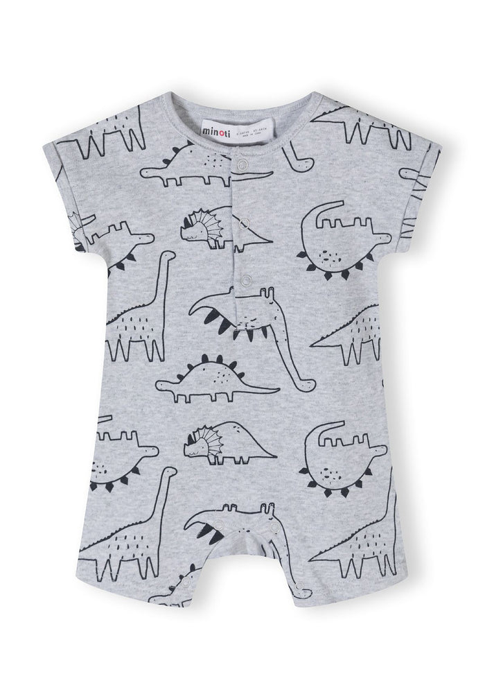 Boys short sleeve romper in grey with dinosaur pattern, front view, featuring press stud fastenings.
