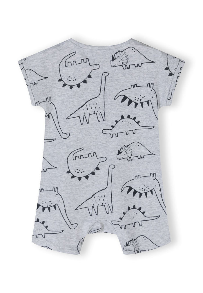 Boys short sleeve romper in grey with dinosaur pattern, back view.