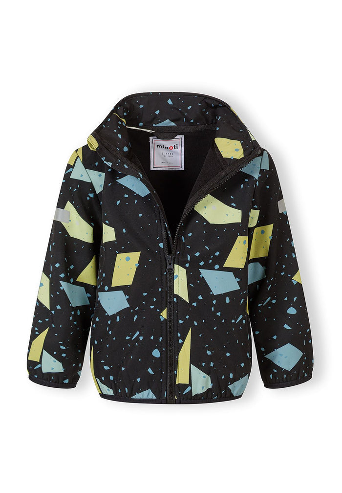 Boys softshell jacket in abstract print with fixed hood and full-length zip, front view.