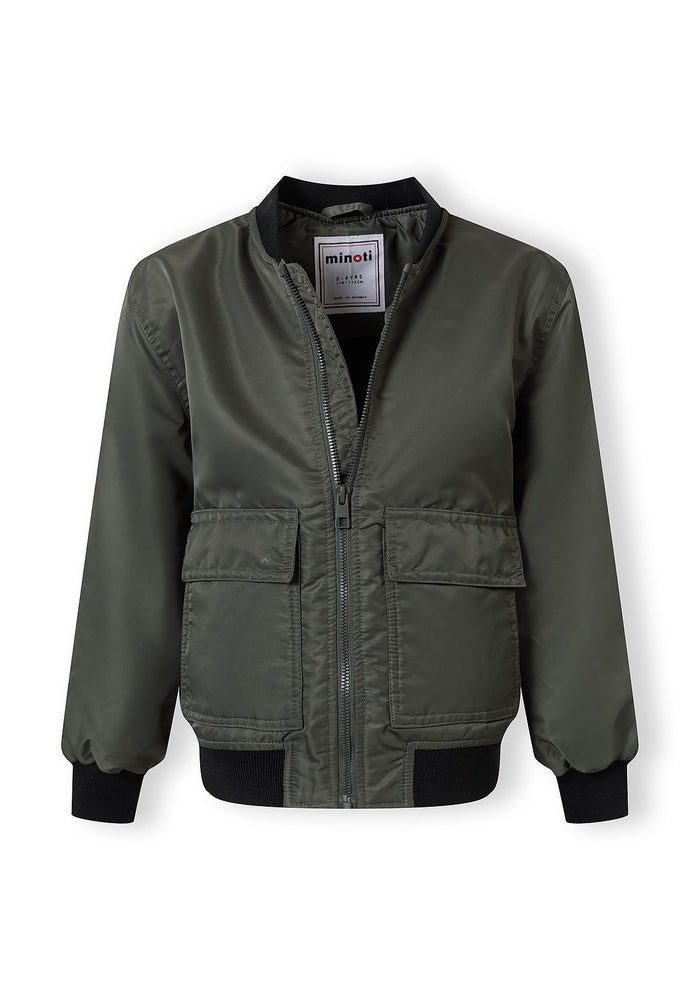Boys khaki bomber jacket, front view, features full zip and two front pockets.