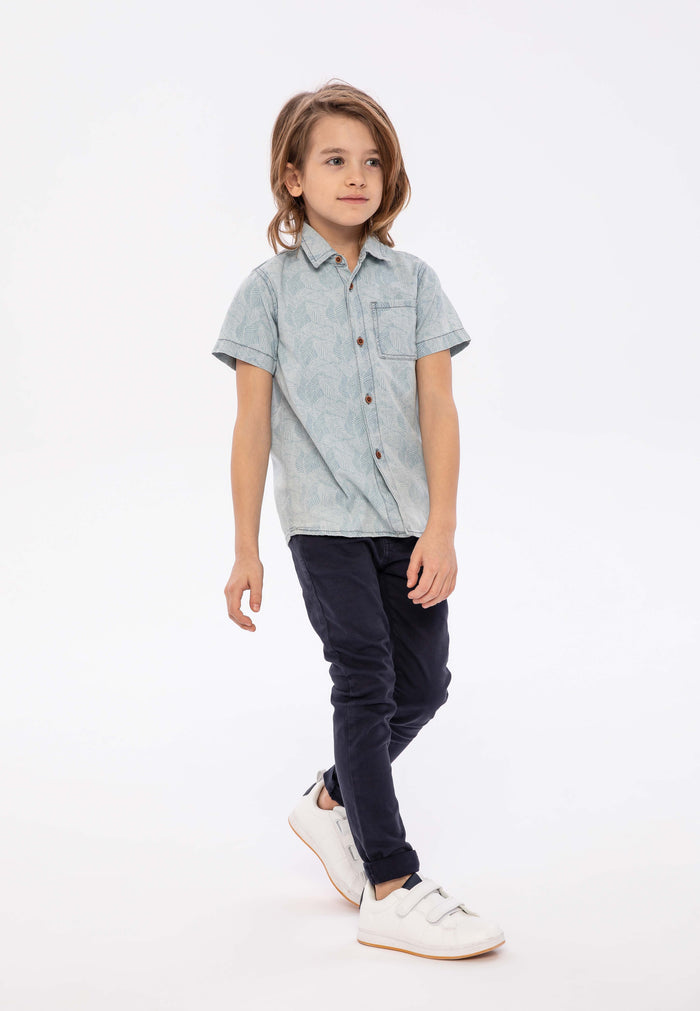 Short Sleeve Denim Shirt, Light Blue Bleached - 1
